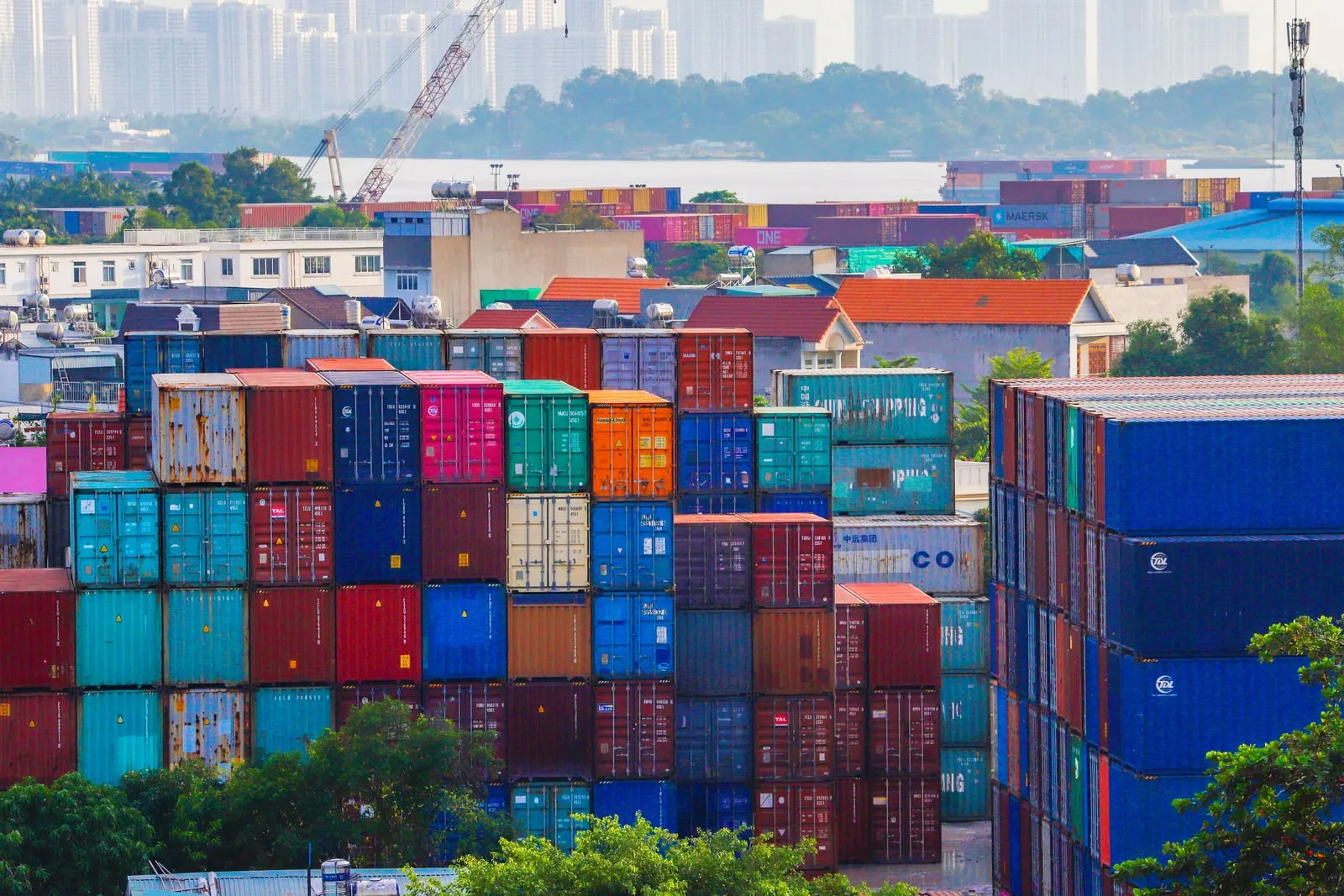 Stacked shipping containers at a port terminal