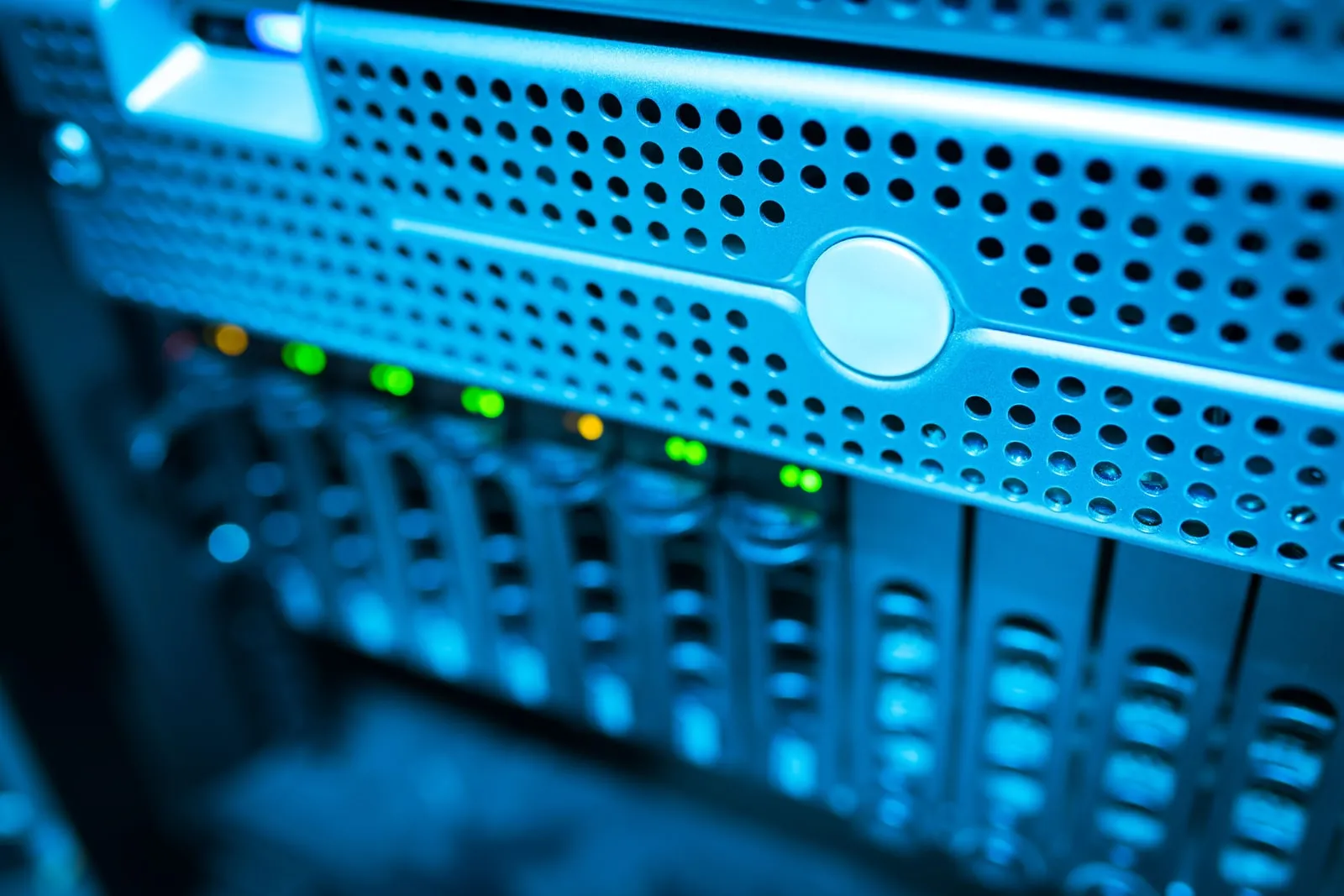 A close-up of the front panel of a rack-mounted computer server