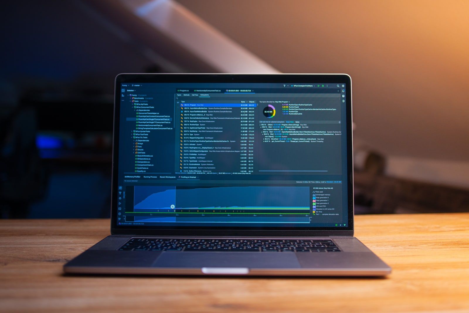 A laptop on a desk showing a code editor and profiling data
