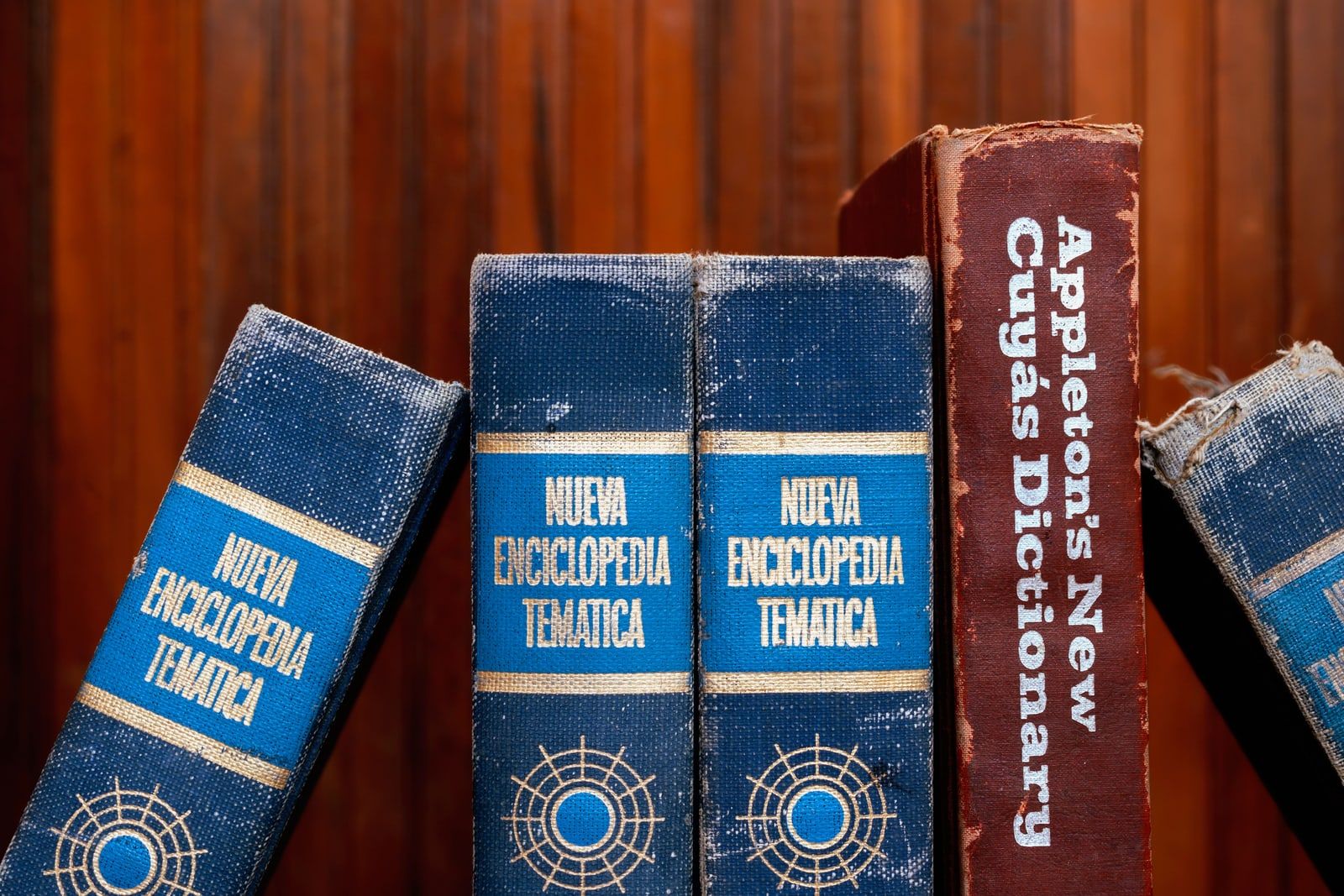 Rows of dictionaries in several languages on a bookshelf
