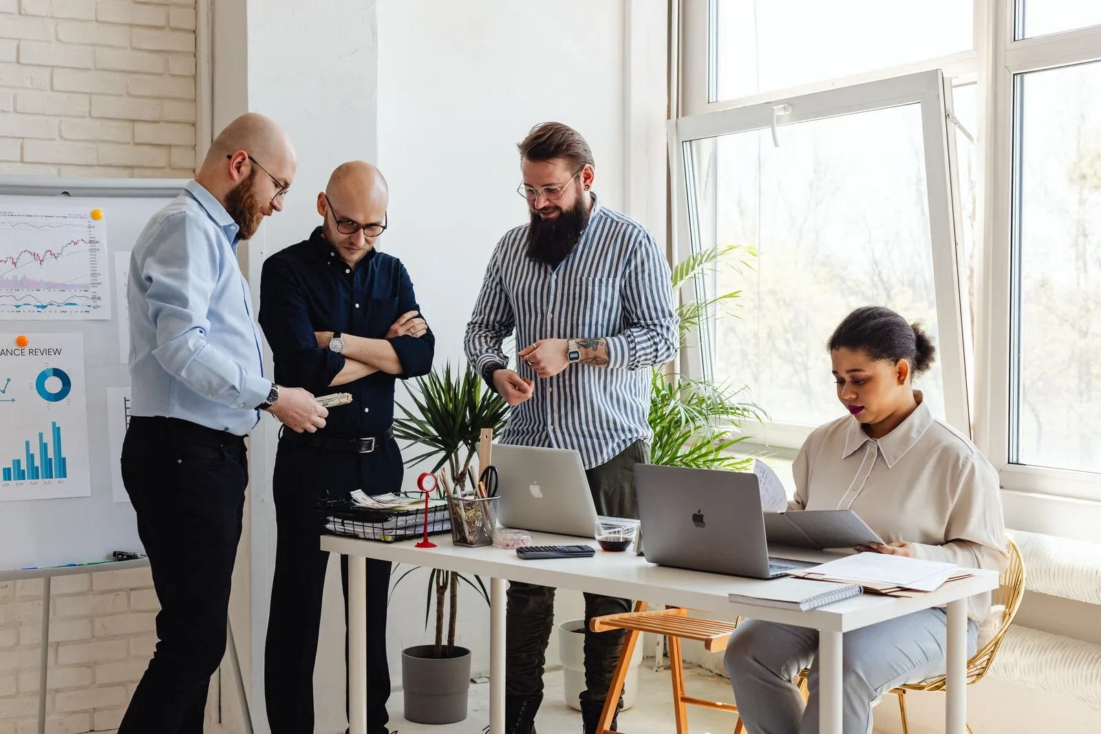 A startup team working together in a bright office