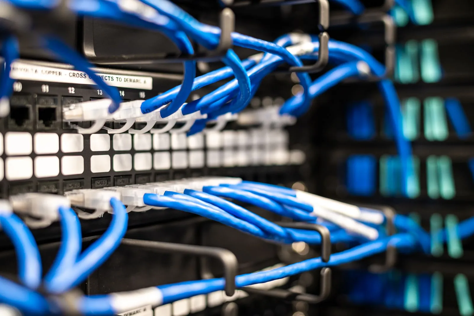 Network cables plugged into the ports of a switch panel