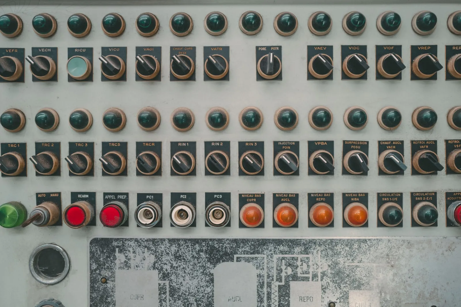 An industrial control panel with dials and switches