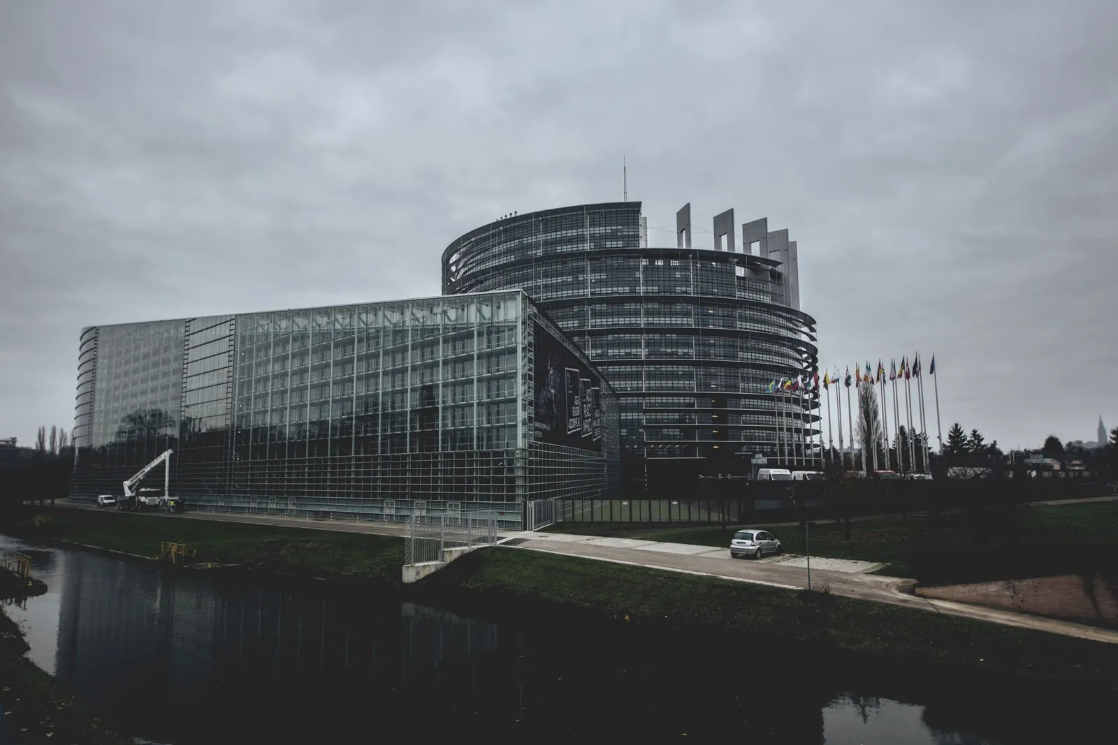 The European Parliament building seen from across the water in Strasbourg