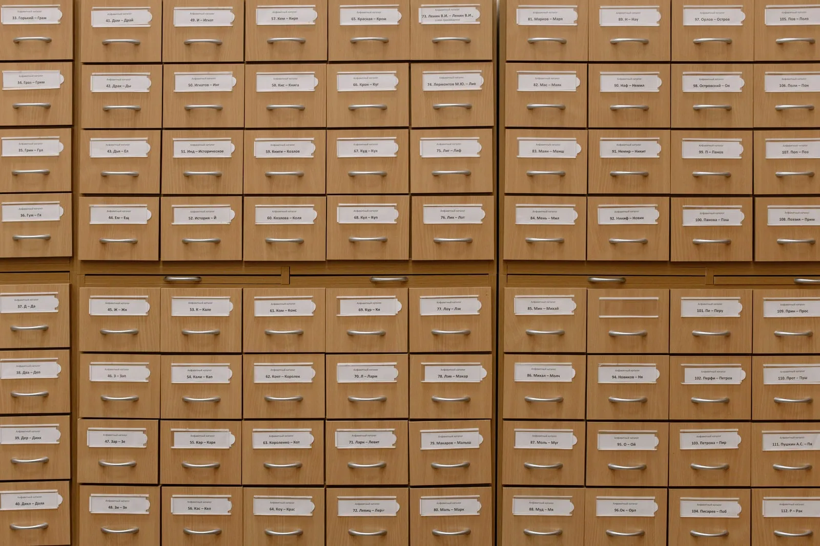 A wall of labelled wooden card-catalogue drawers