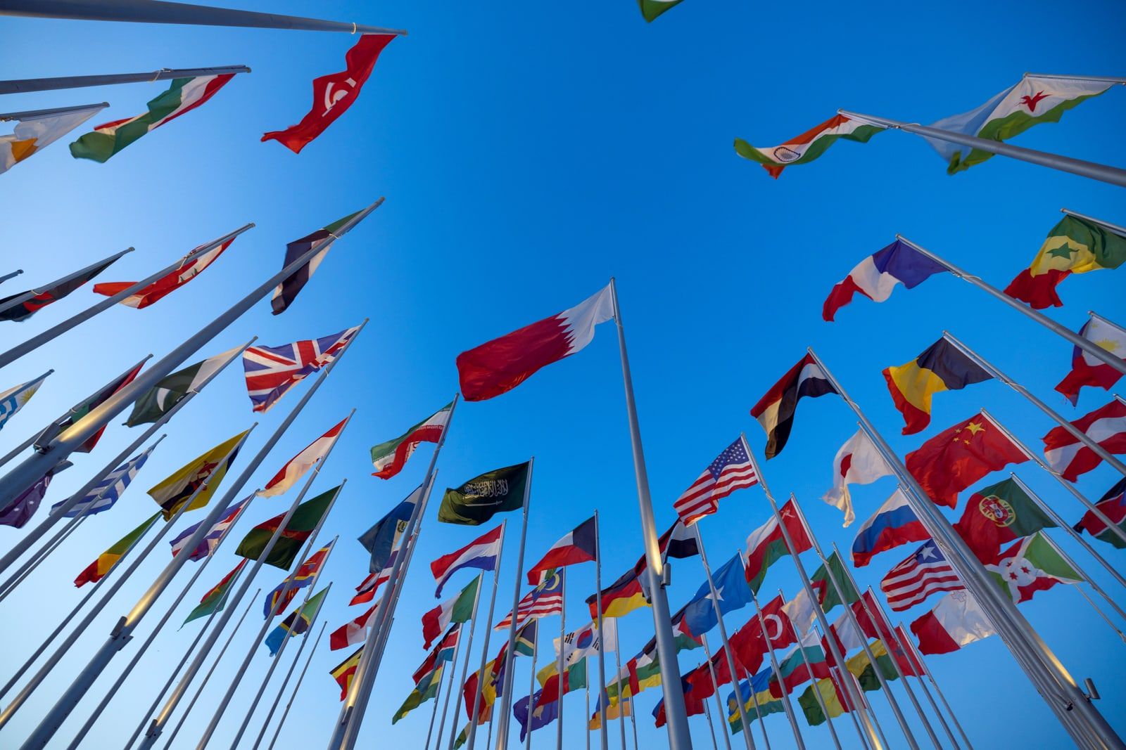 Flags of many countries flying on a row of flagpoles