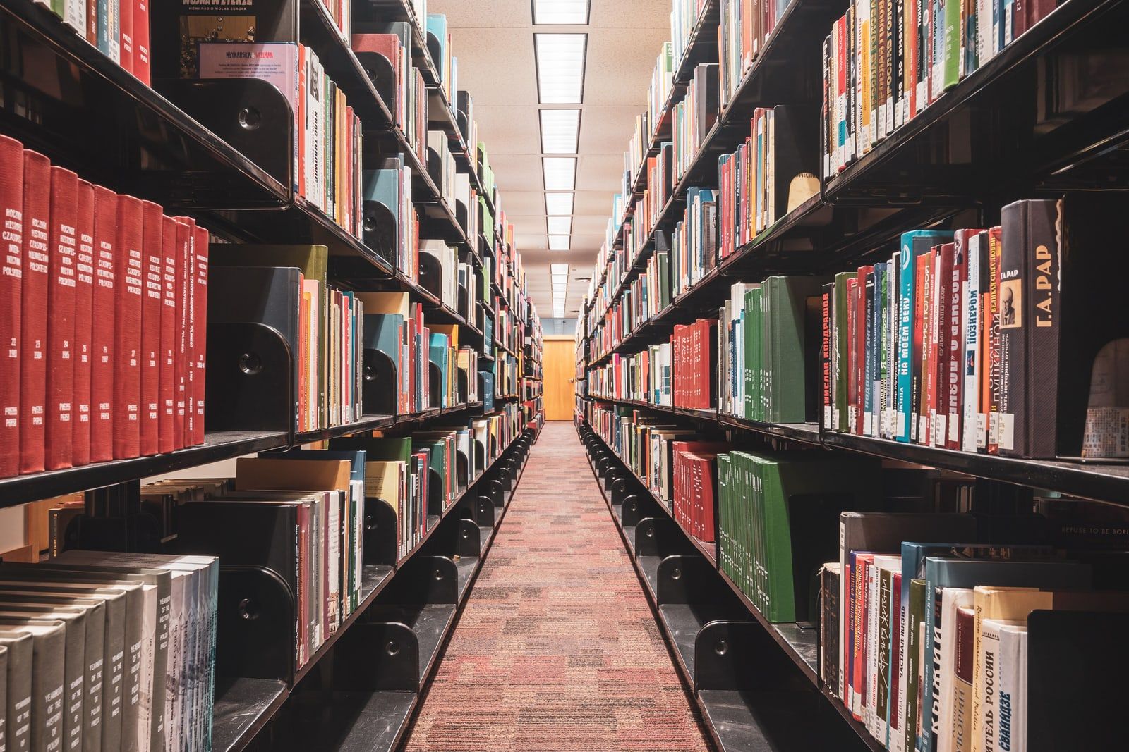 Rows of library bookshelves filled with books