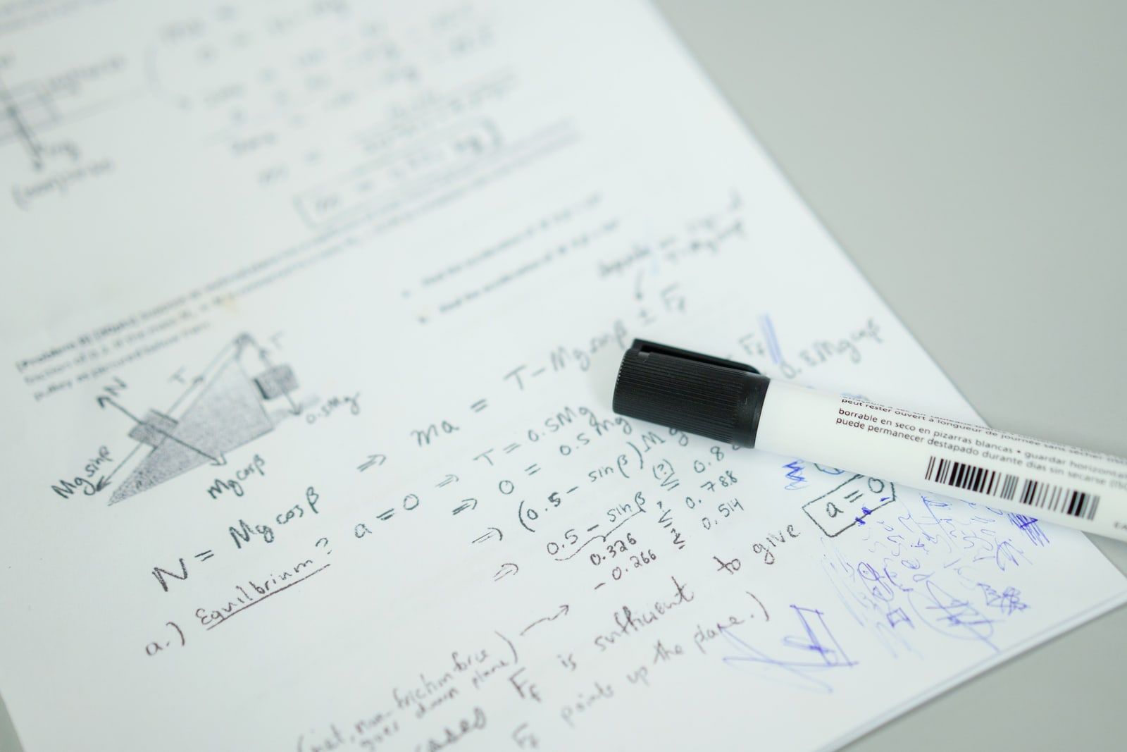 Handwritten mathematical formulas filling a sheet of paper