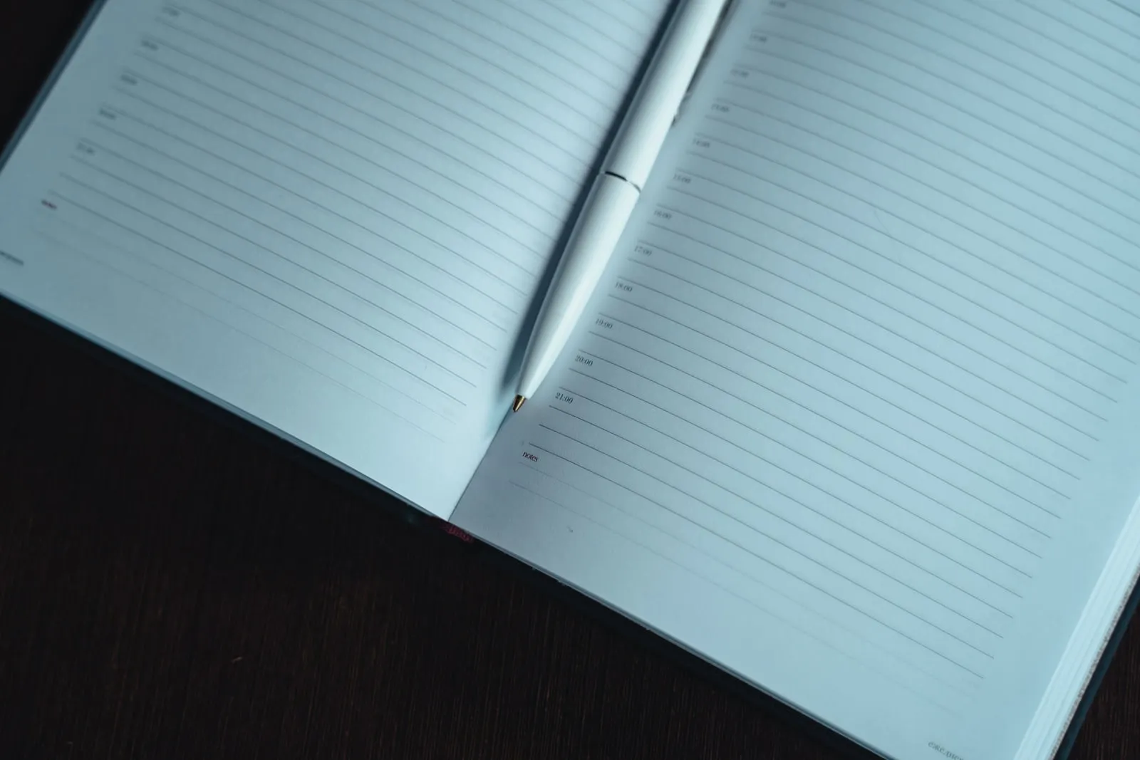 An open lined notebook with a white pen resting on a dark desk