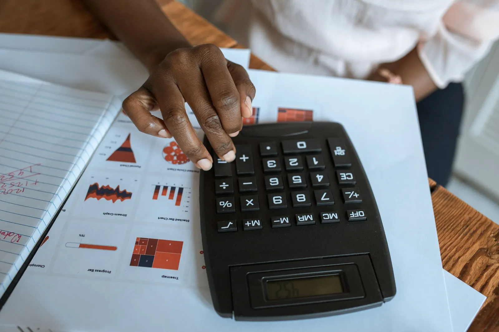 A hand using a calculator on a printed sheet of chart types