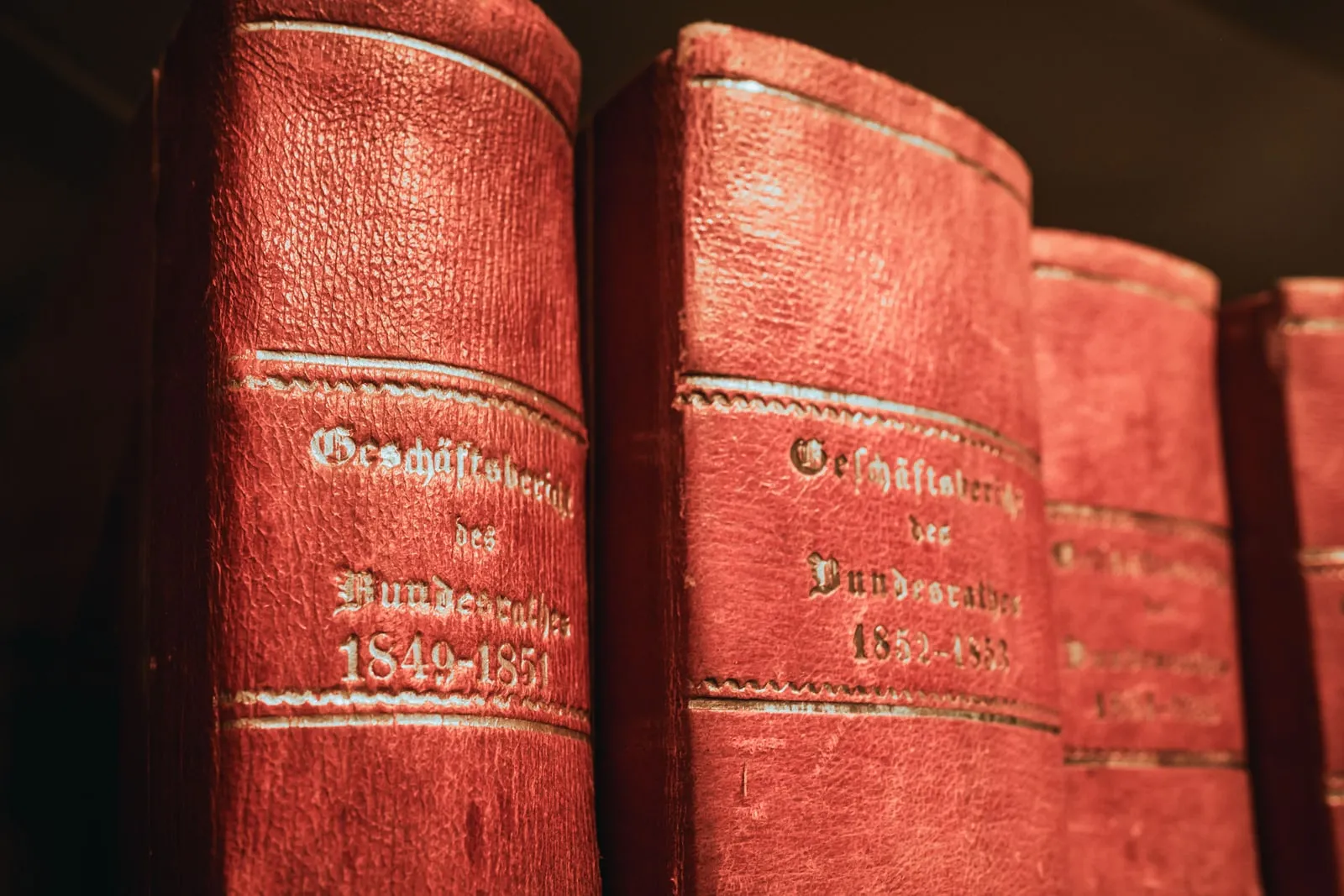 Shelves of bound legal volumes in a law library