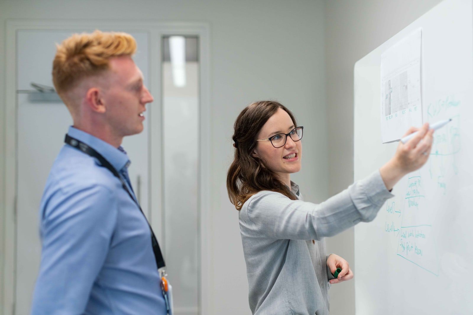 Two colleagues discussing notes on a whiteboard