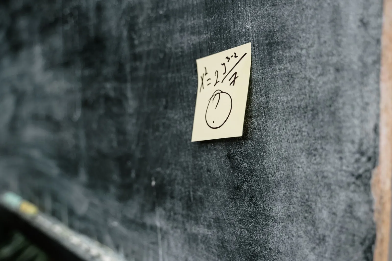 A handwritten equation on a sticky note stuck to a blackboard