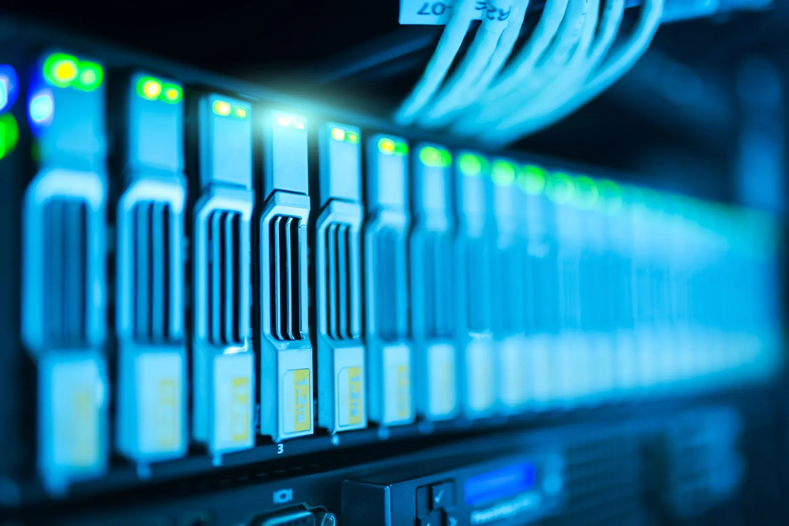 A rack of networking equipment with status lights