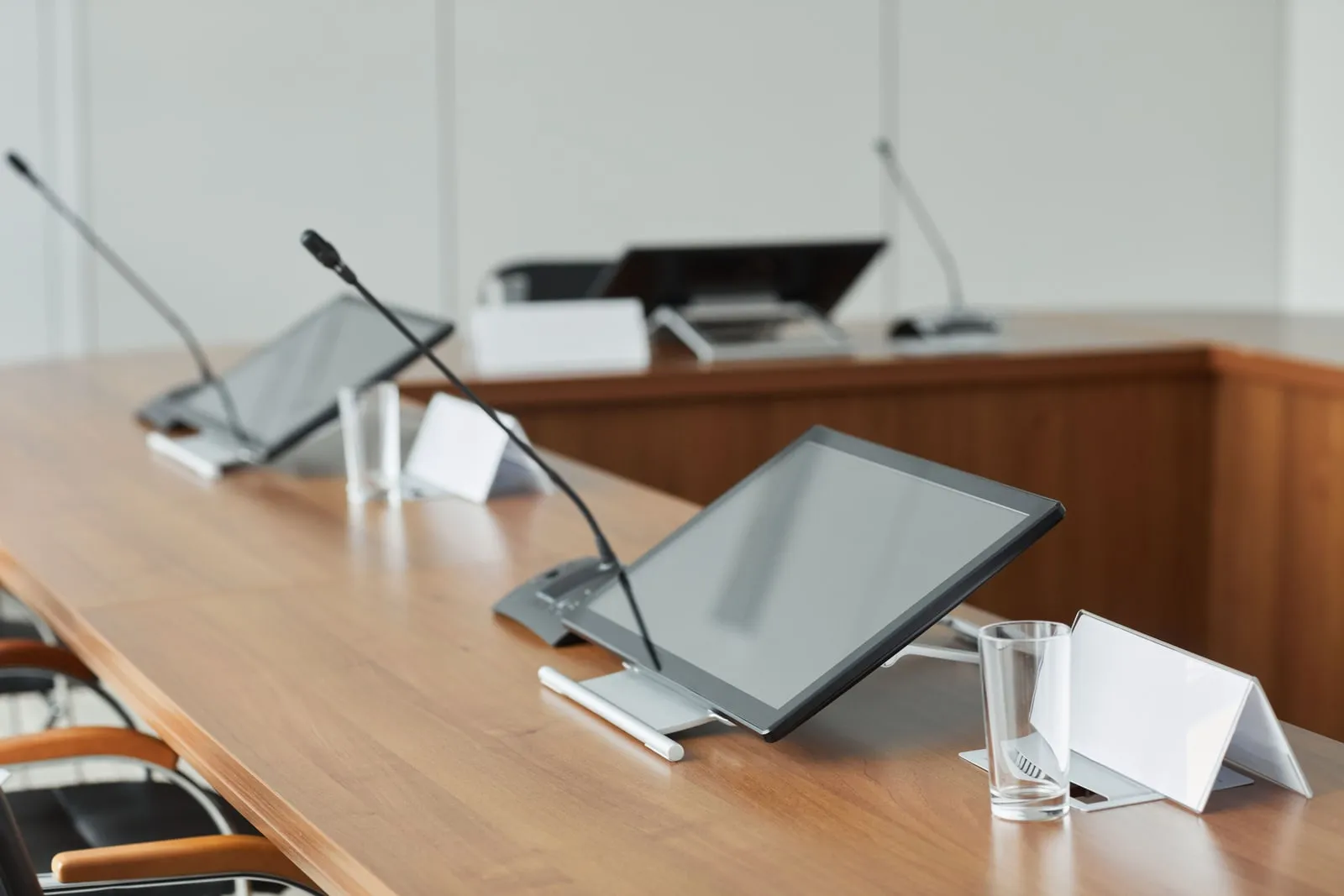 Close-up of a microphone on a conference table