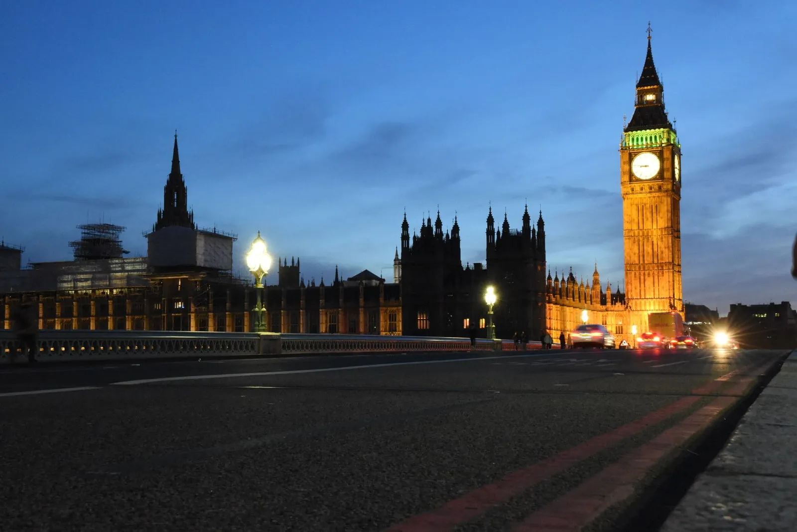 Big Ben and the Houses of Parliament at dusk seen from Westminster Bridge