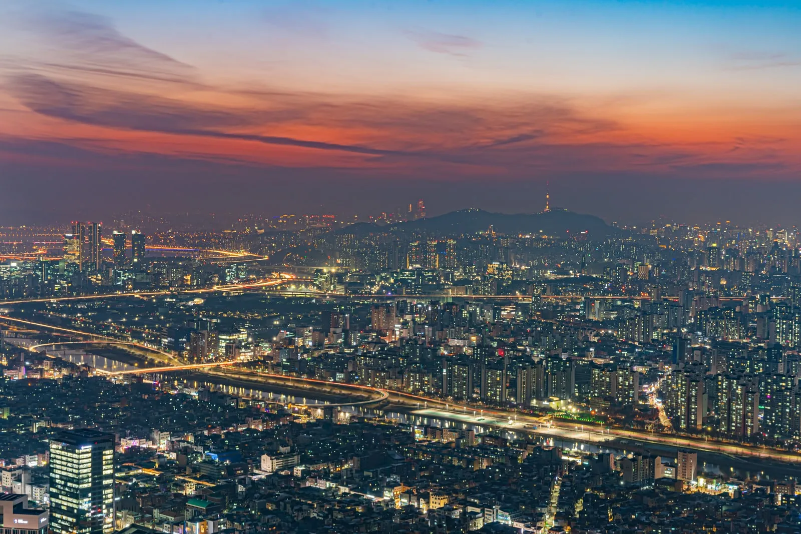 The Seoul city skyline at dusk