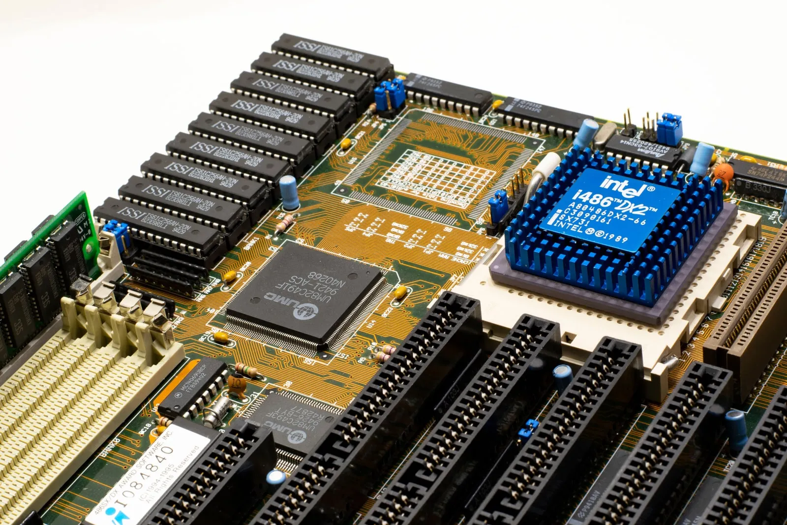 A close-up of a computer accelerator board and its cooling fins