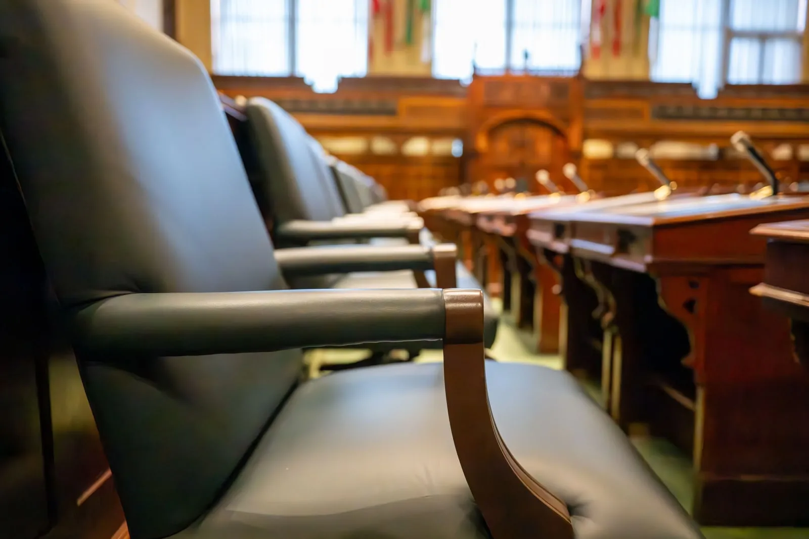 A Senate hearing room with rows of empty seats