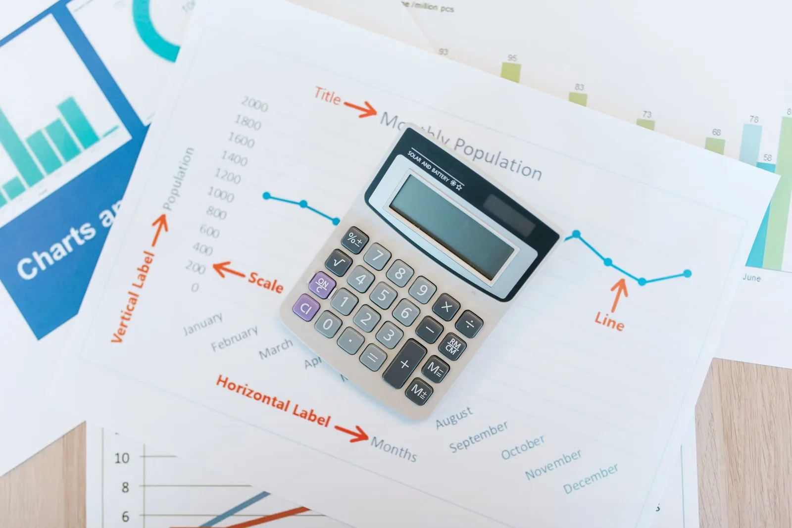 A calculator resting on printed charts
