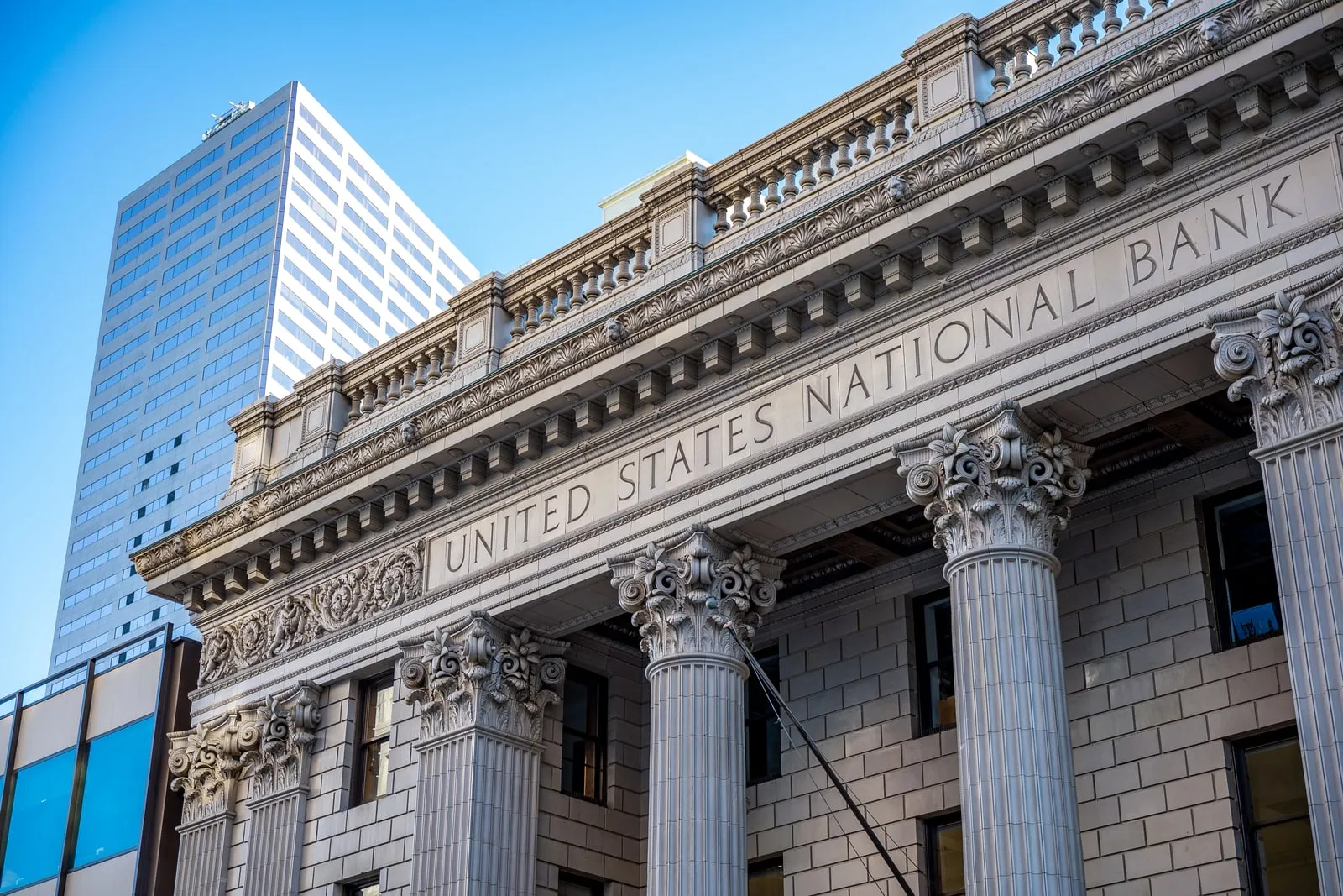 The columned facade of a historic bank building