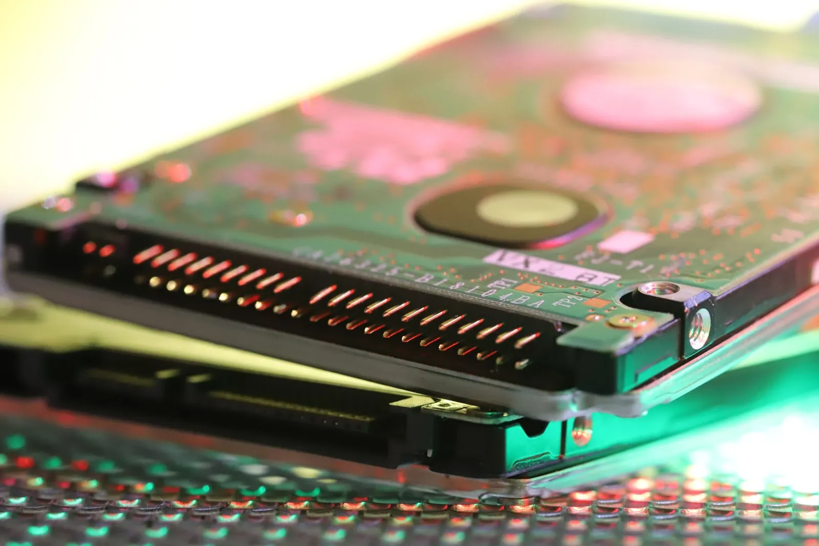 Close-up of the circuit boards on two storage drives