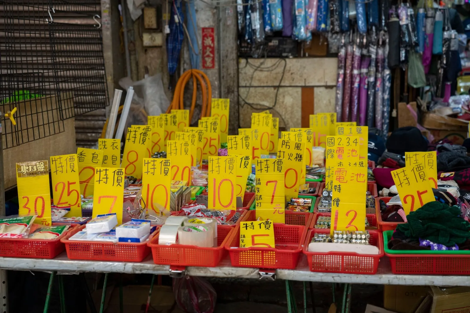 Price tags on a market stall