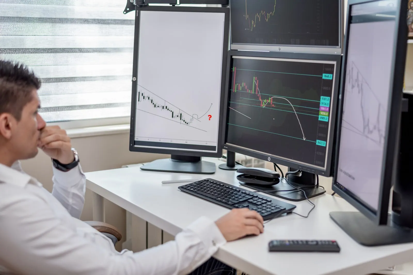 An analyst looking at charts on a computer screen