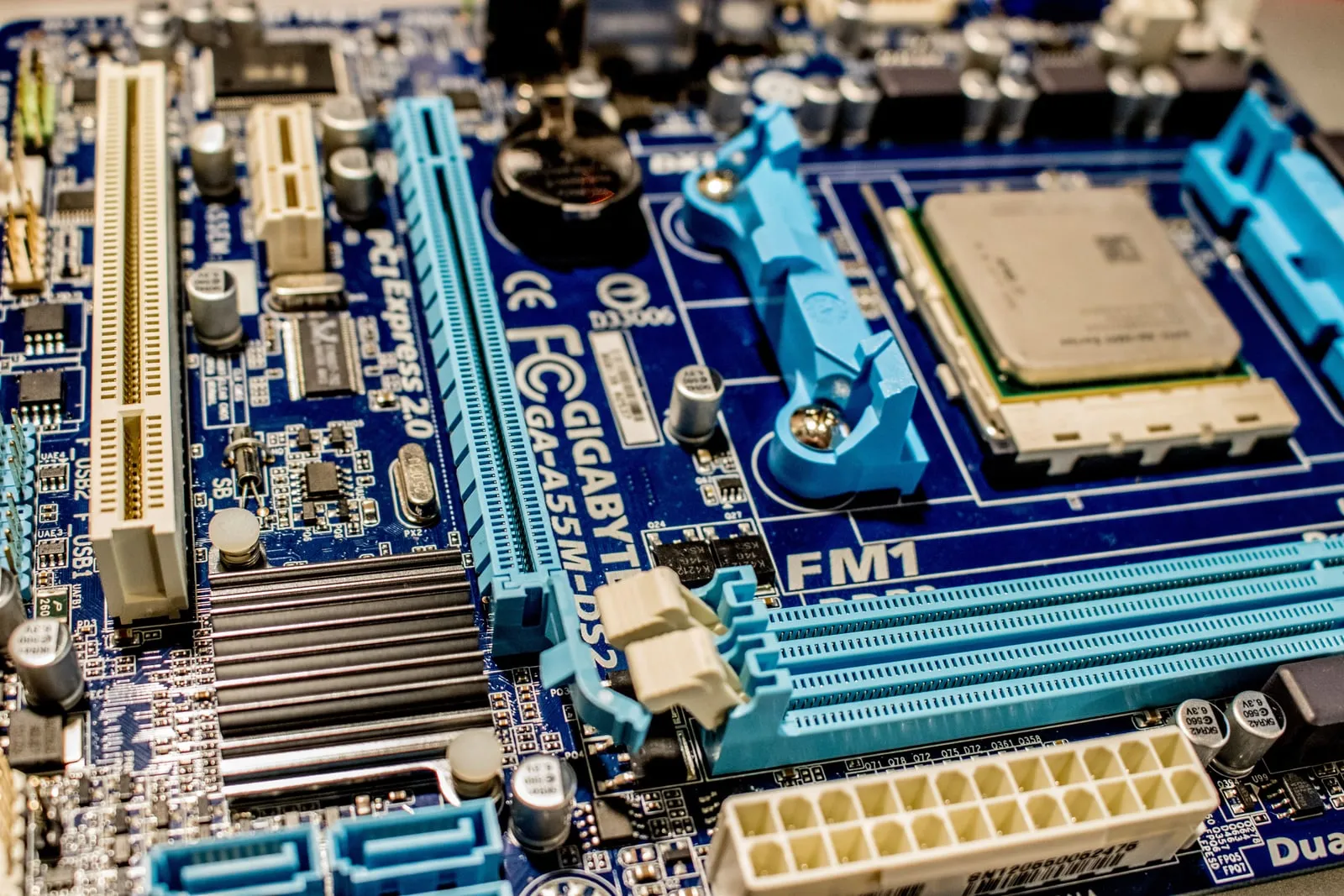 A close-up of a computer motherboard