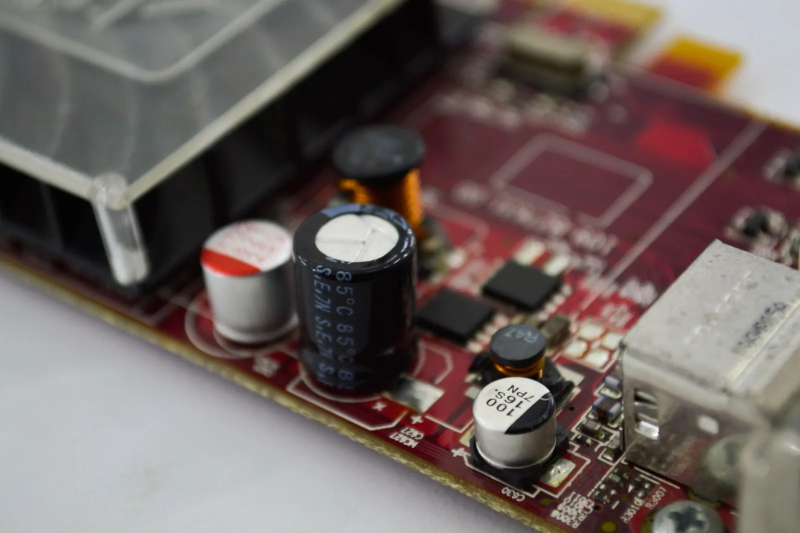 A close-up of a printed circuit board with processor packages