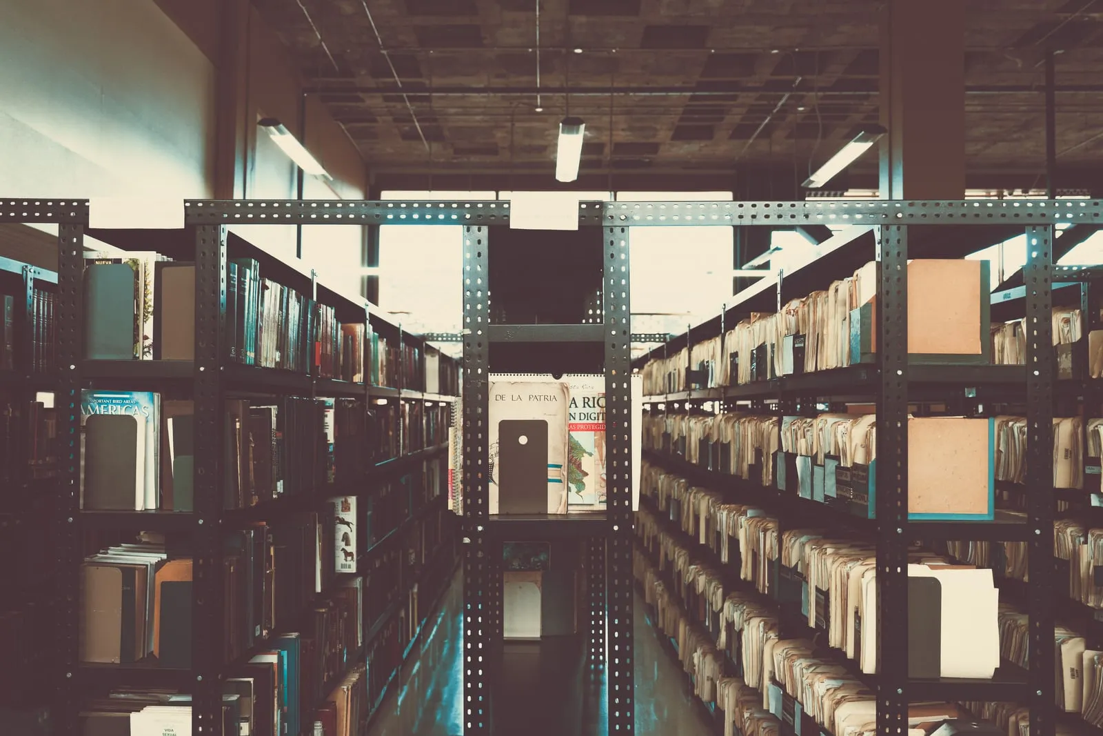 Shelves of an open library archive filled with books