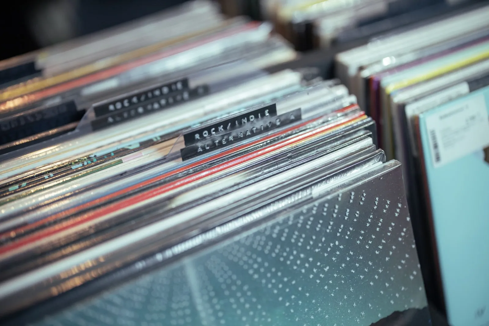 Rows of vinyl records in a record shop
