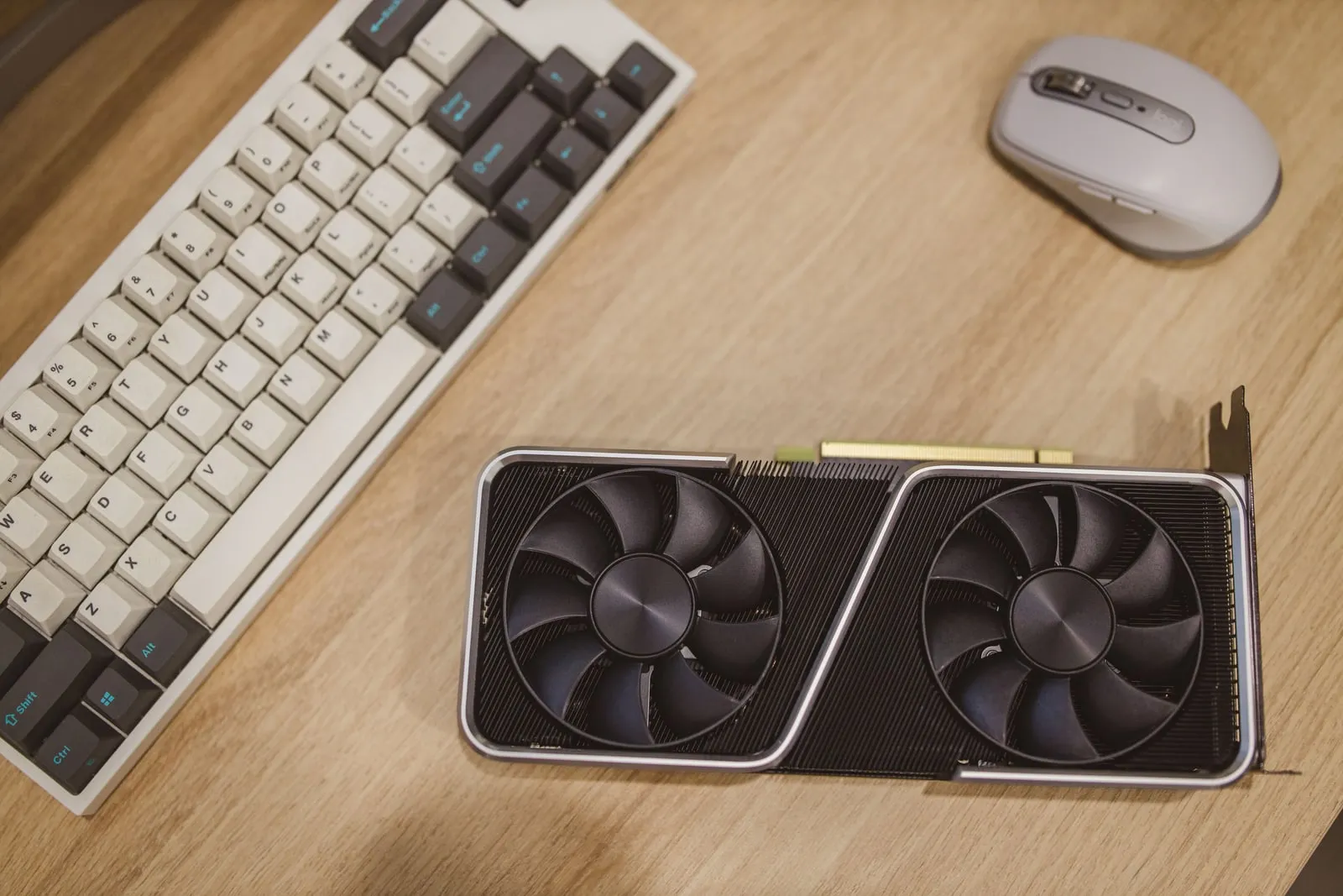 A computer graphics card lying on a desk