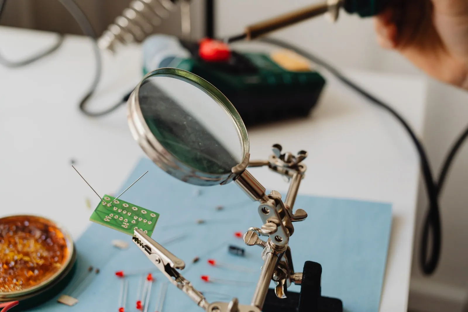 Computer components laid out on a workbench