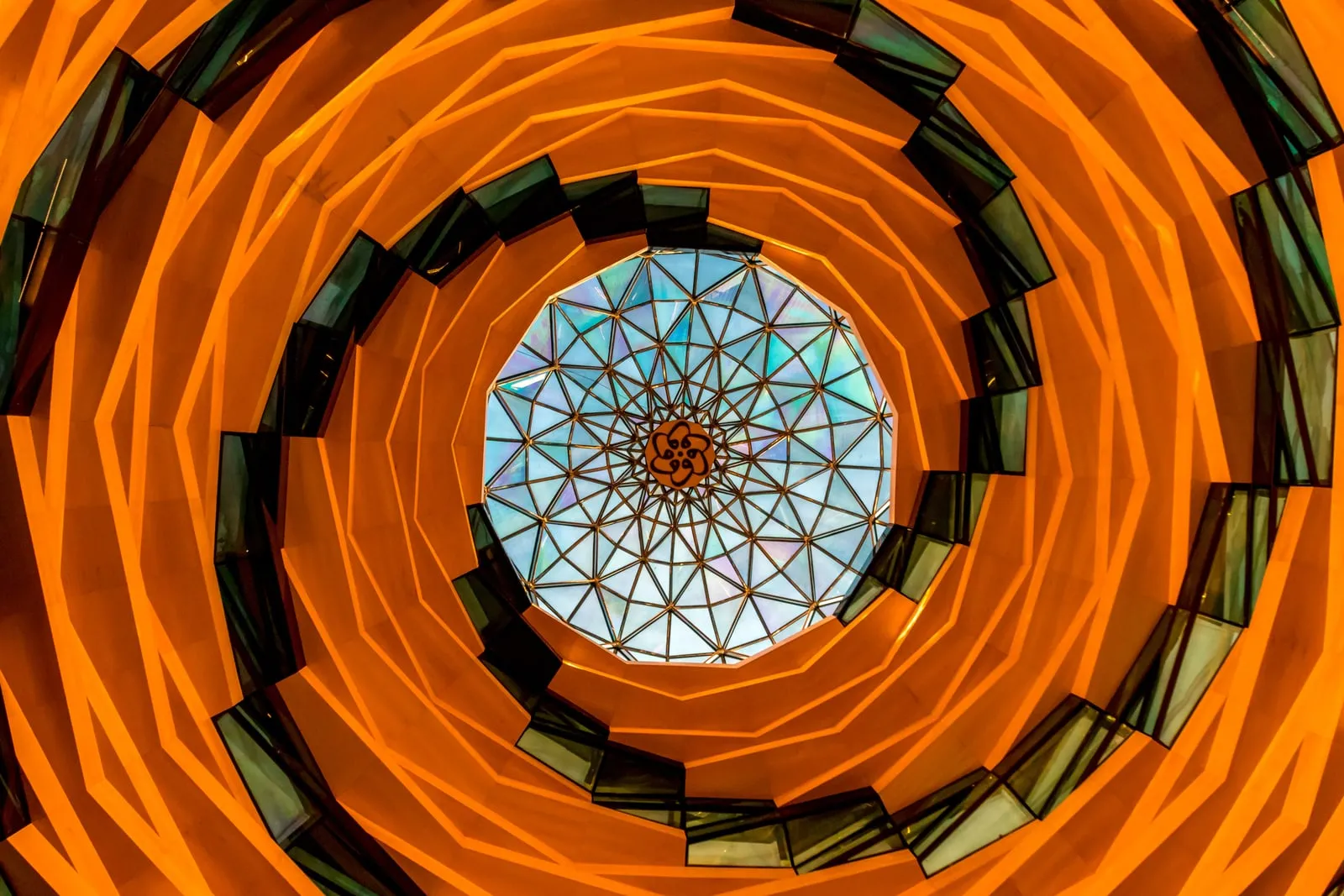 The geometric lattice of a glass roof seen from below
