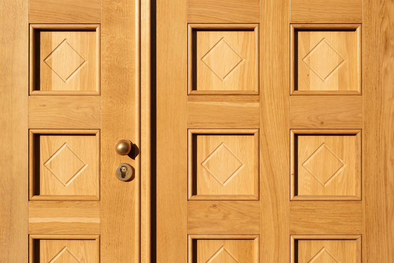 A closed wooden front door with a brass handle