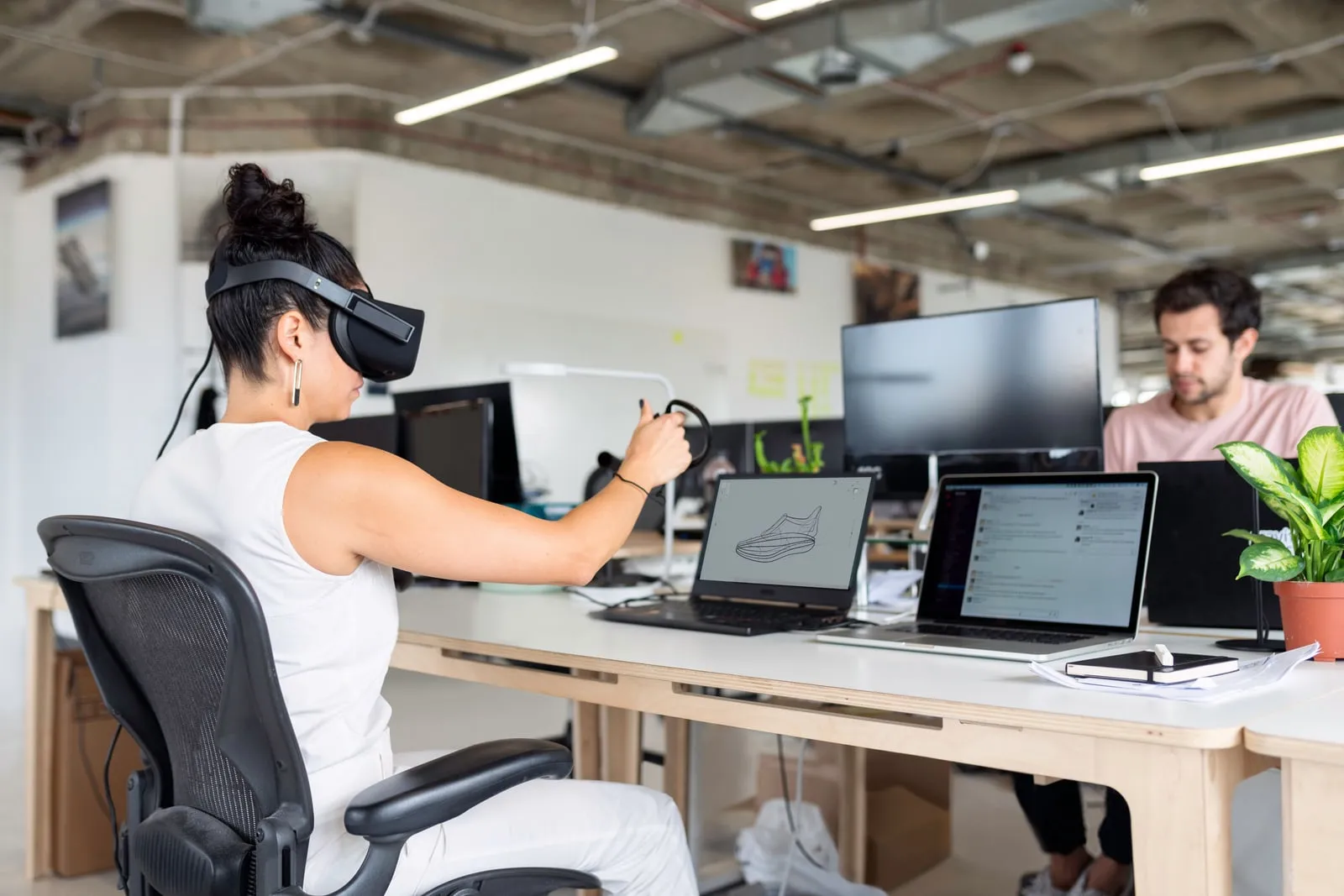 A virtual reality headset resting on a desk