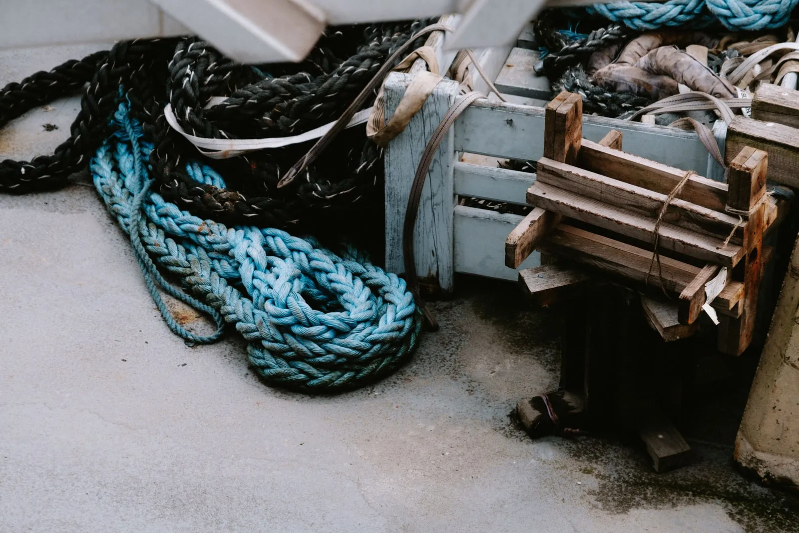 Coiled rope on a wooden dock