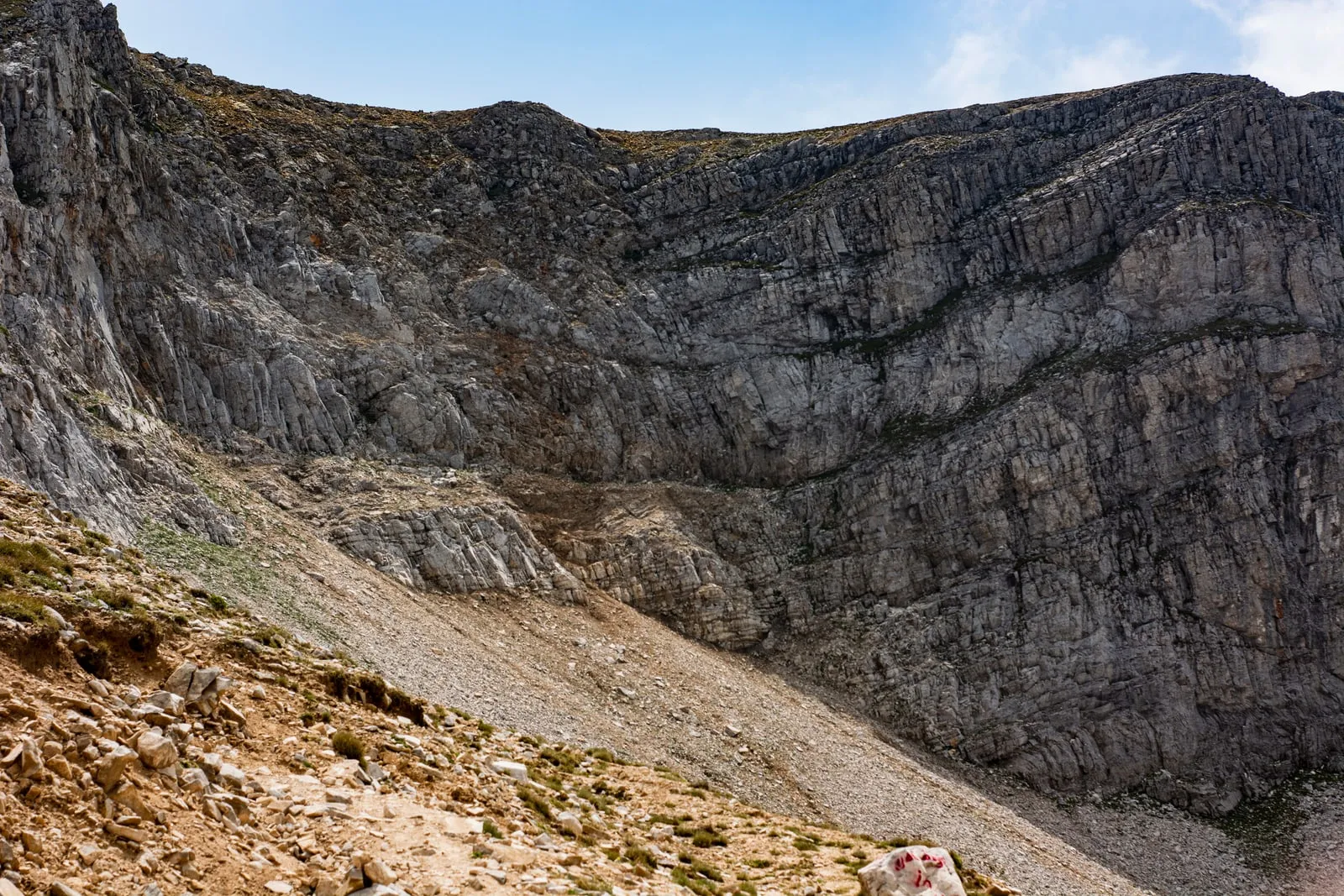 A steep rocky mountain gully filled with loose scree