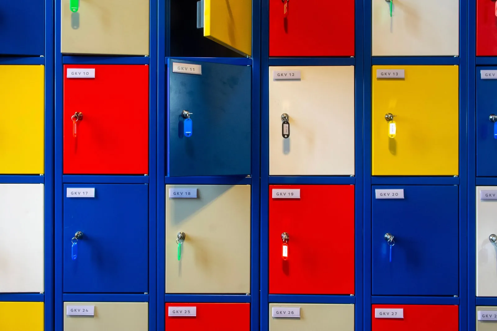 A row of metal lockers with individual doors