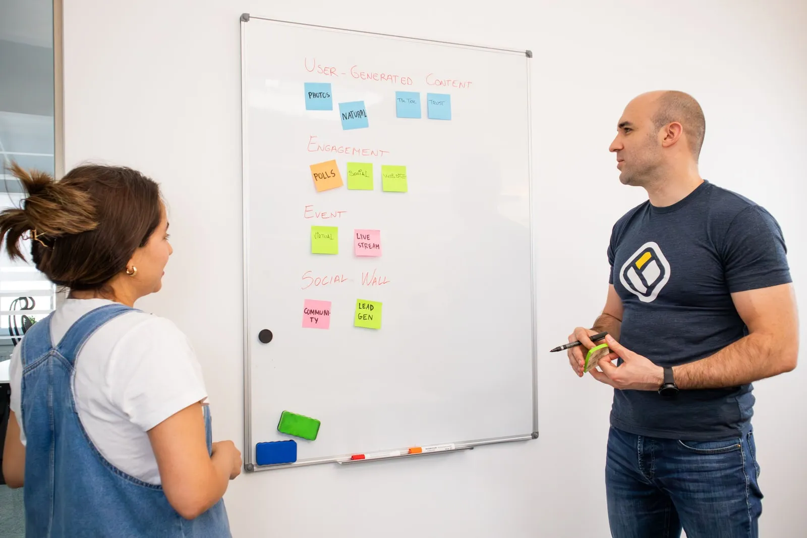 A team discussing notes on a whiteboard