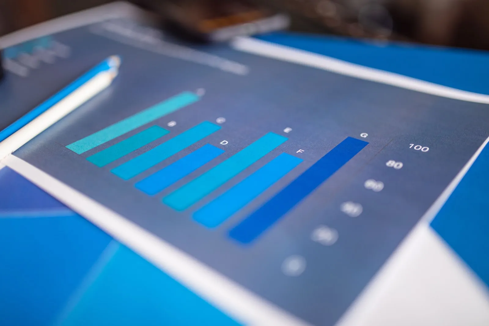 A printed bar chart and data tables on a desk