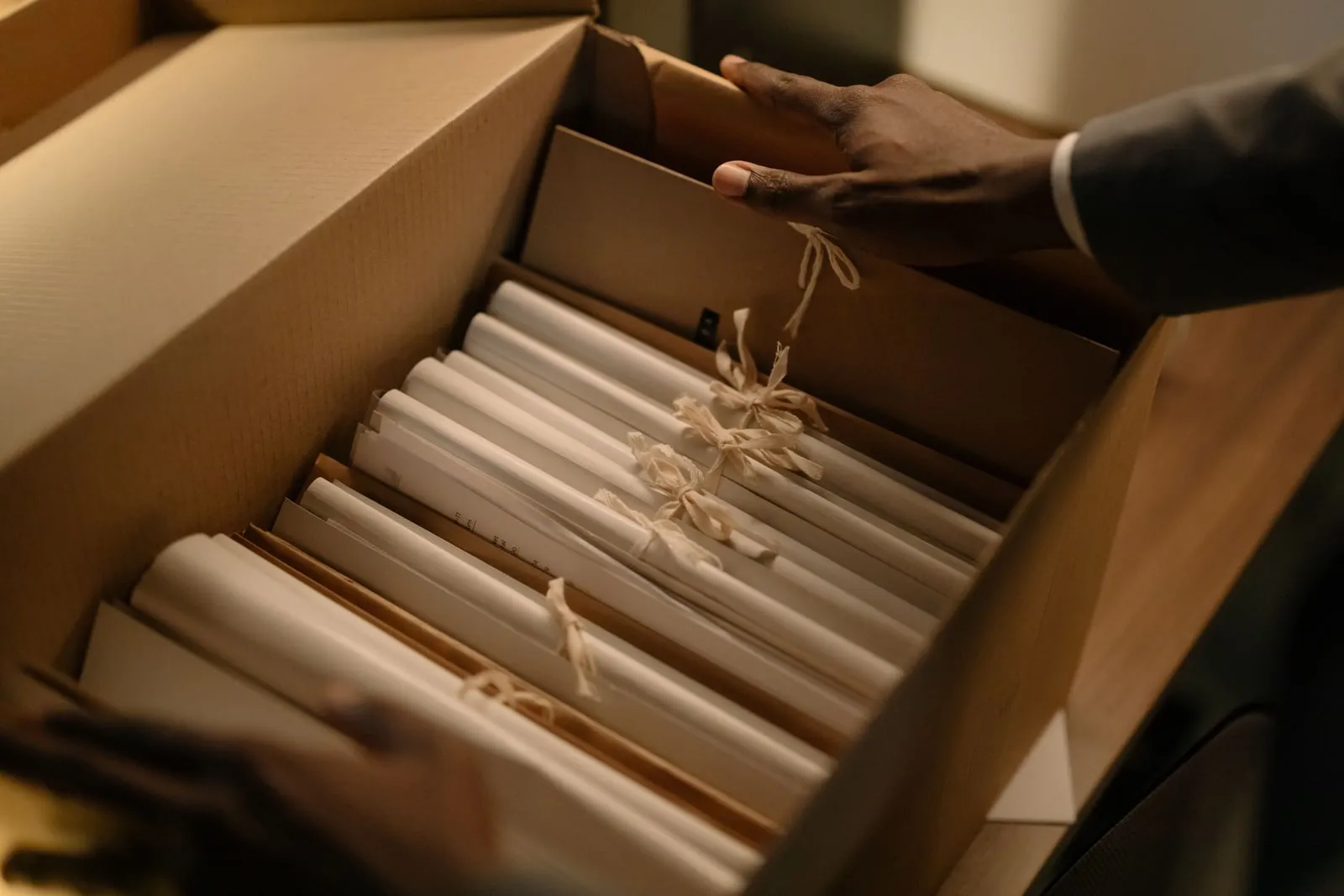 Hands opening a cardboard box of tied paper files