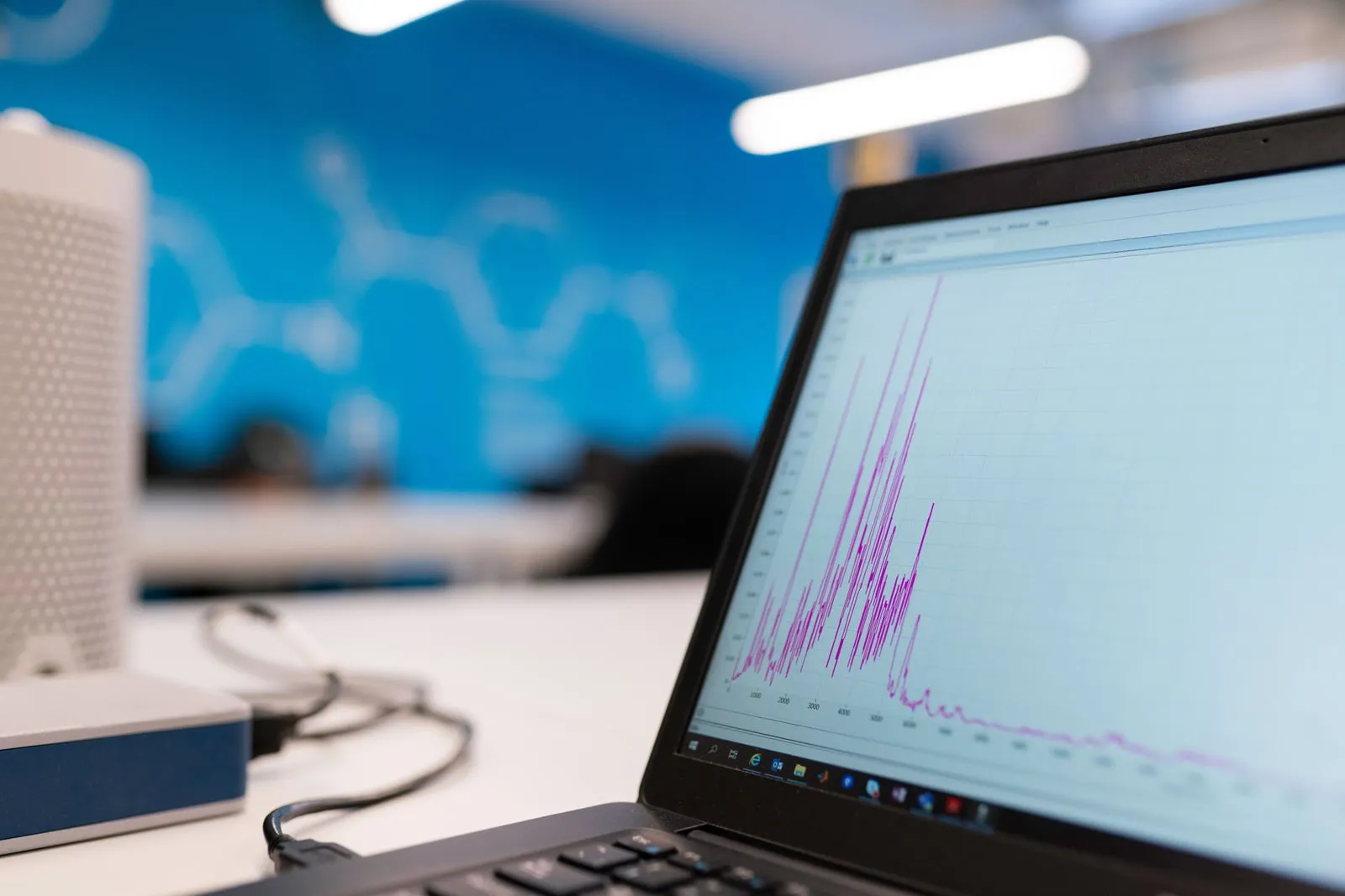 A laptop displaying a chart on a desk