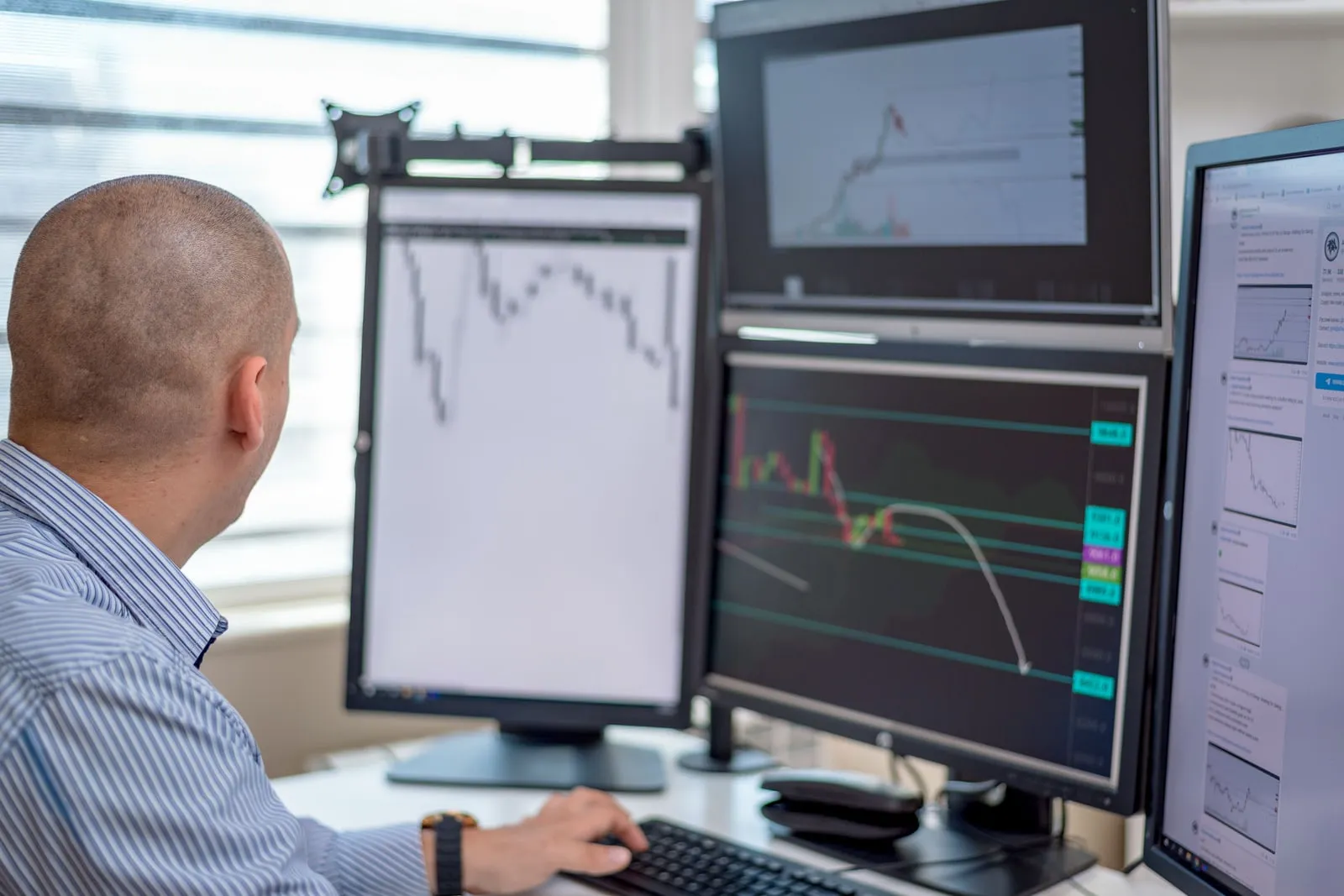 Financial charts displayed on computer monitors