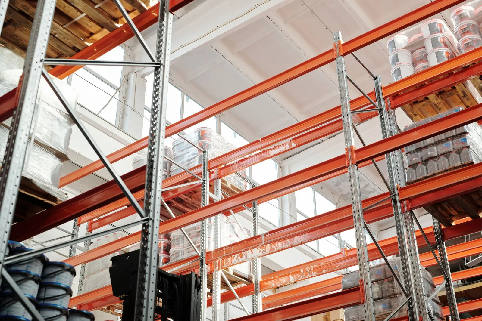 Shelves of boxed goods in a warehouse