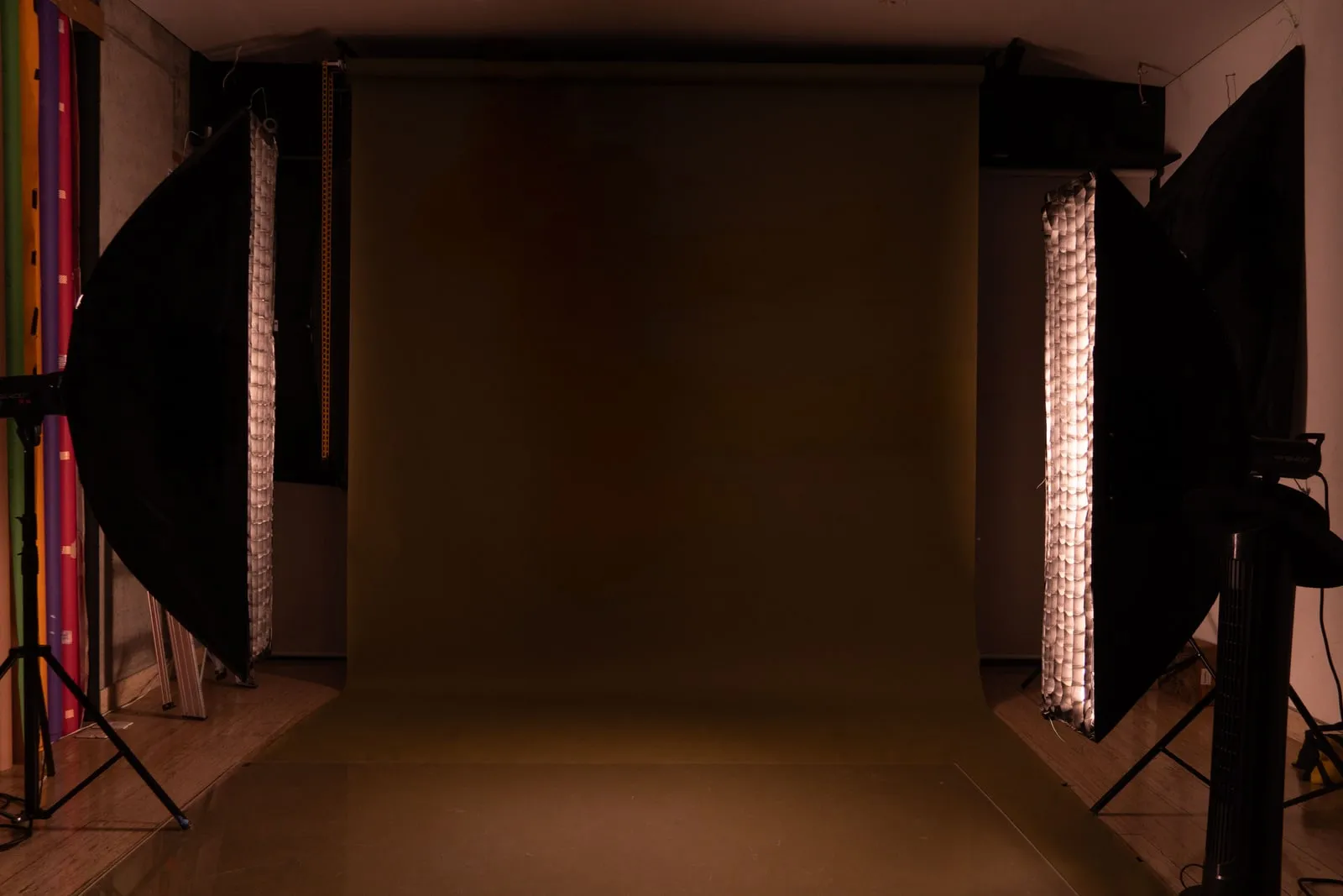 A photography studio with lighting equipment
