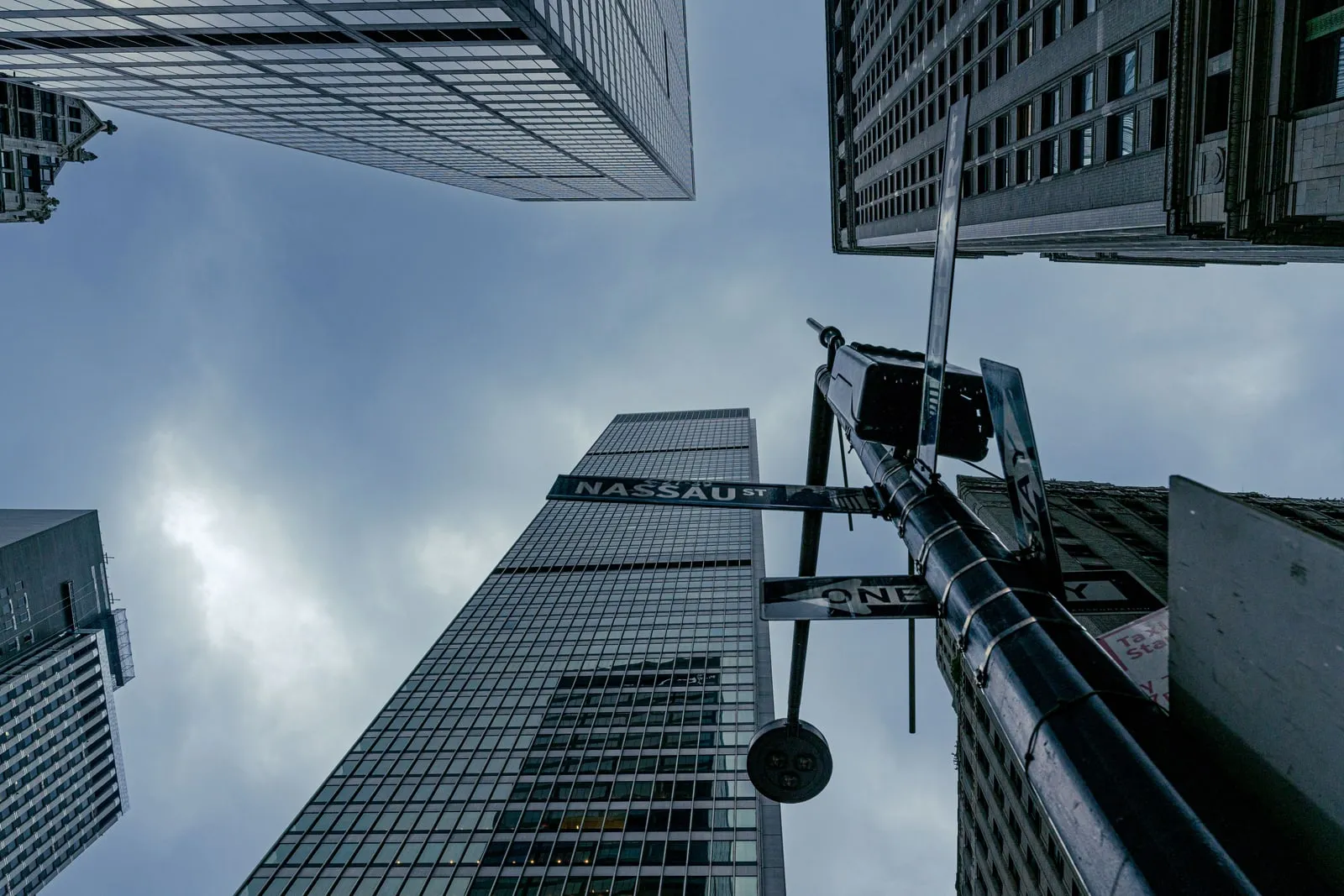 Manhattan office towers seen from street level