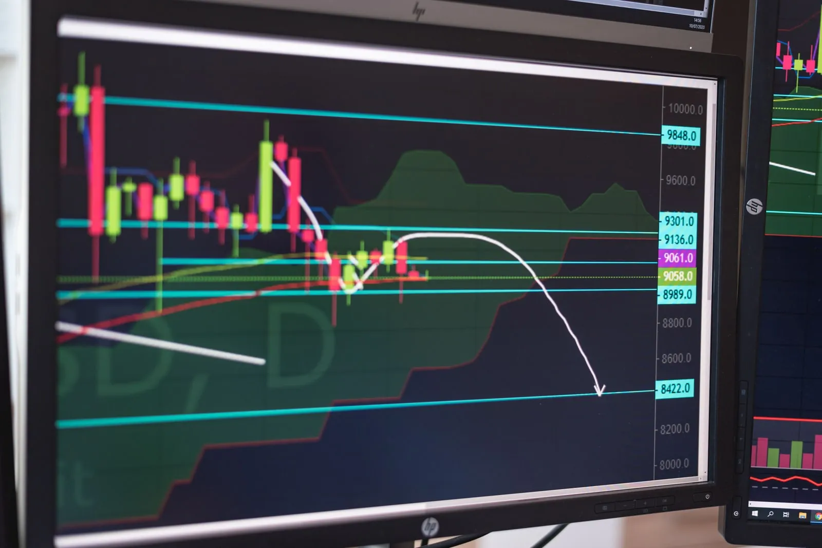 A falling stock price chart displayed on a screen