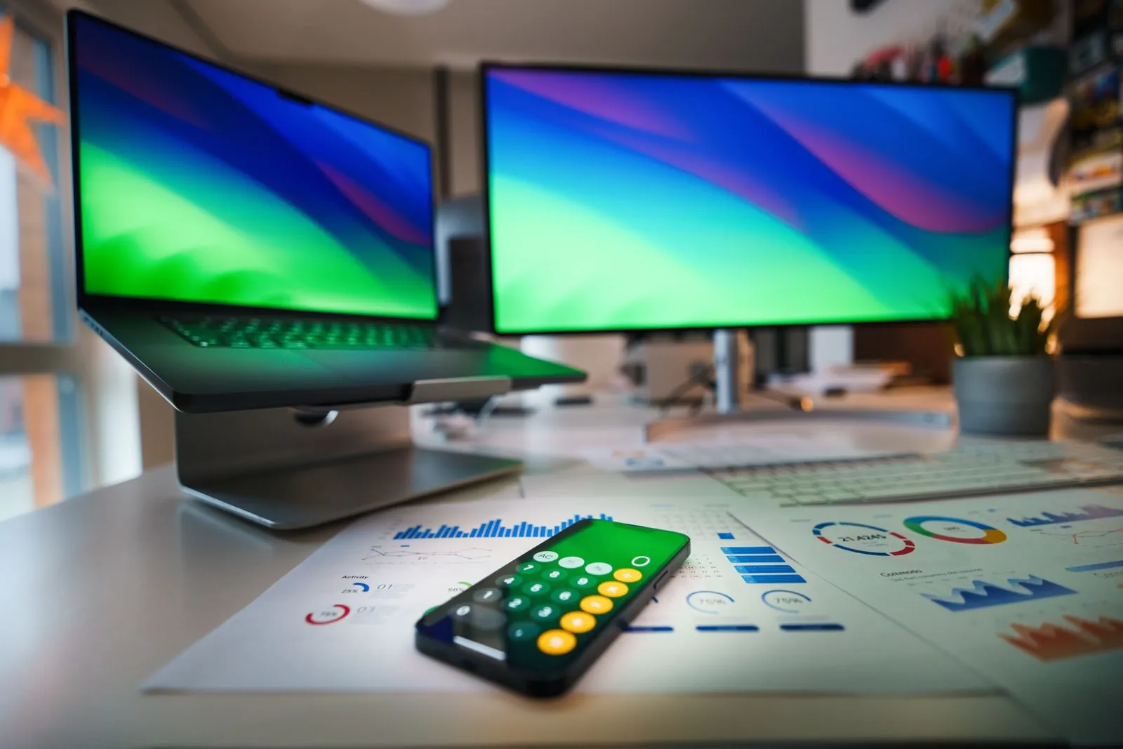 An office desk with two monitors showing charts